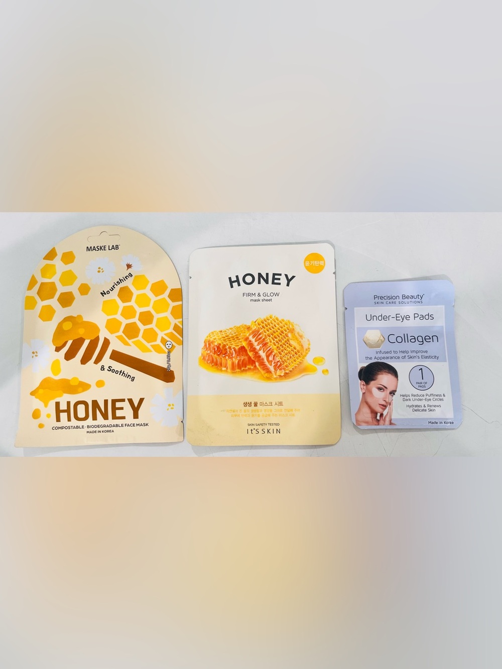 Set of 3 Mask Sheets/Under Eye Pads- Honey & Collagen